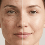Before and after comparison of uneven skin tone vs even clear skin