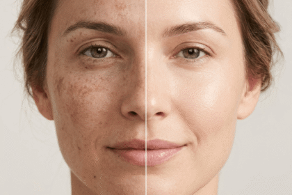 Before and after comparison of uneven skin tone vs even clear skin
