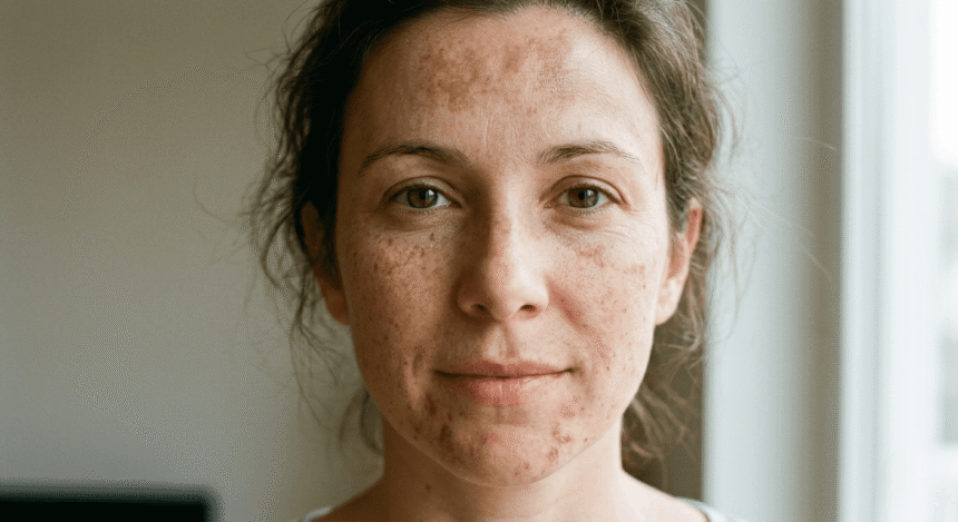 Close-up of different types of dark spots on face including sunspots and post-acne marks