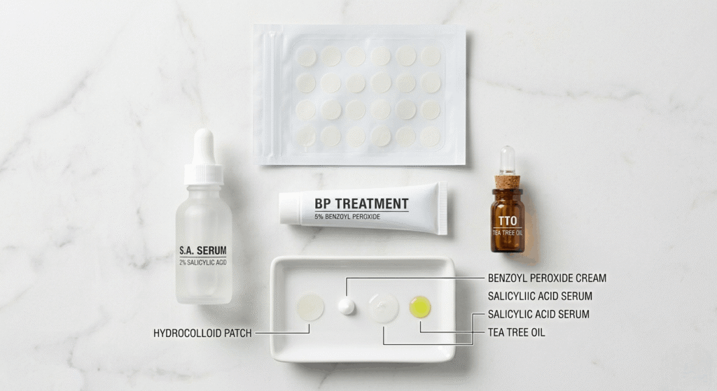 Person applying pimple patch on face for overnight acne treatment